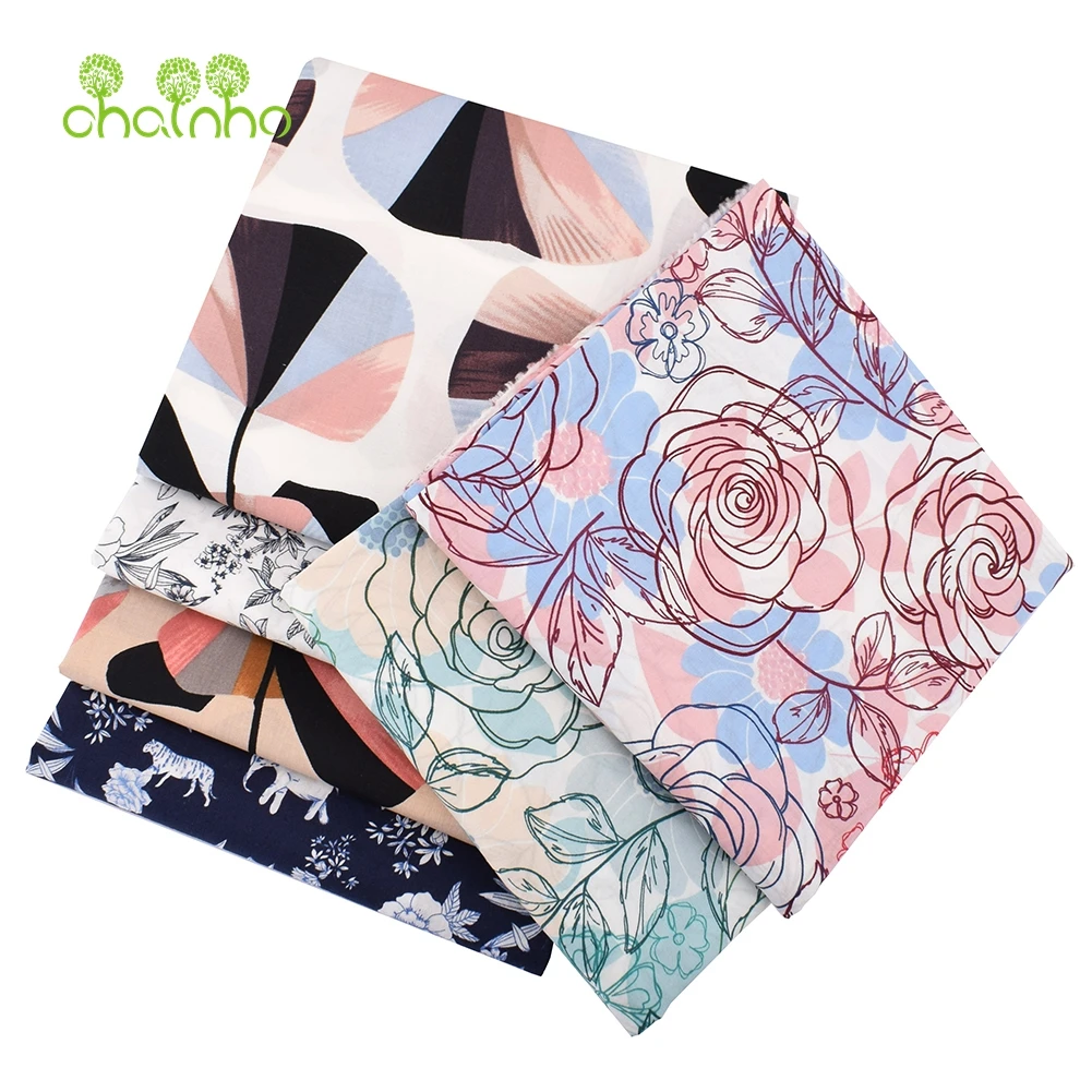 Chainho,Printed Plain Weave Poplin Cotton Fabric,DIY Sewing Quilting Material,Patchwork Cloth,Floral Series,3 Big Sizes,15PC32