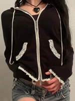 Black Lace Trim Knitted Sweater Cardigan Women Autumn Winter New Coat Sweet Basic All-Match Fashion 1