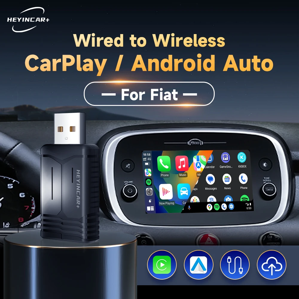 

2024 New HEYINCAR 2IN1 Wireless Adapter Android Auto CarPaly Wireless Box For Fiat 500 New500 500X Argo Panda