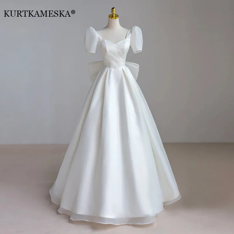 French Luxury White Satin Maxi Wedding Dresses for Bride 2022 Elegant Sexy Slim Puff Sleeve Long