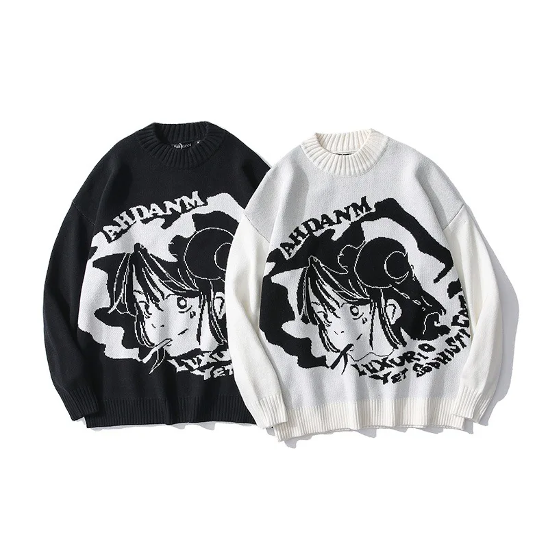 

Harajuku Cartoon Jacquard Pullover Sweater Spring Autumn Couple Round Neck Knitted Tops Trendy Casual Long Sleeve Loose Sweaters