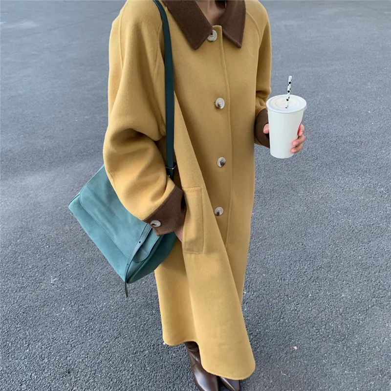 

Vintage Women Patchwork Turn-don Collar Wool Coats Female Loose Casual Single-breasted 2022 Autumn Winter Jacket Outerwear Q500A