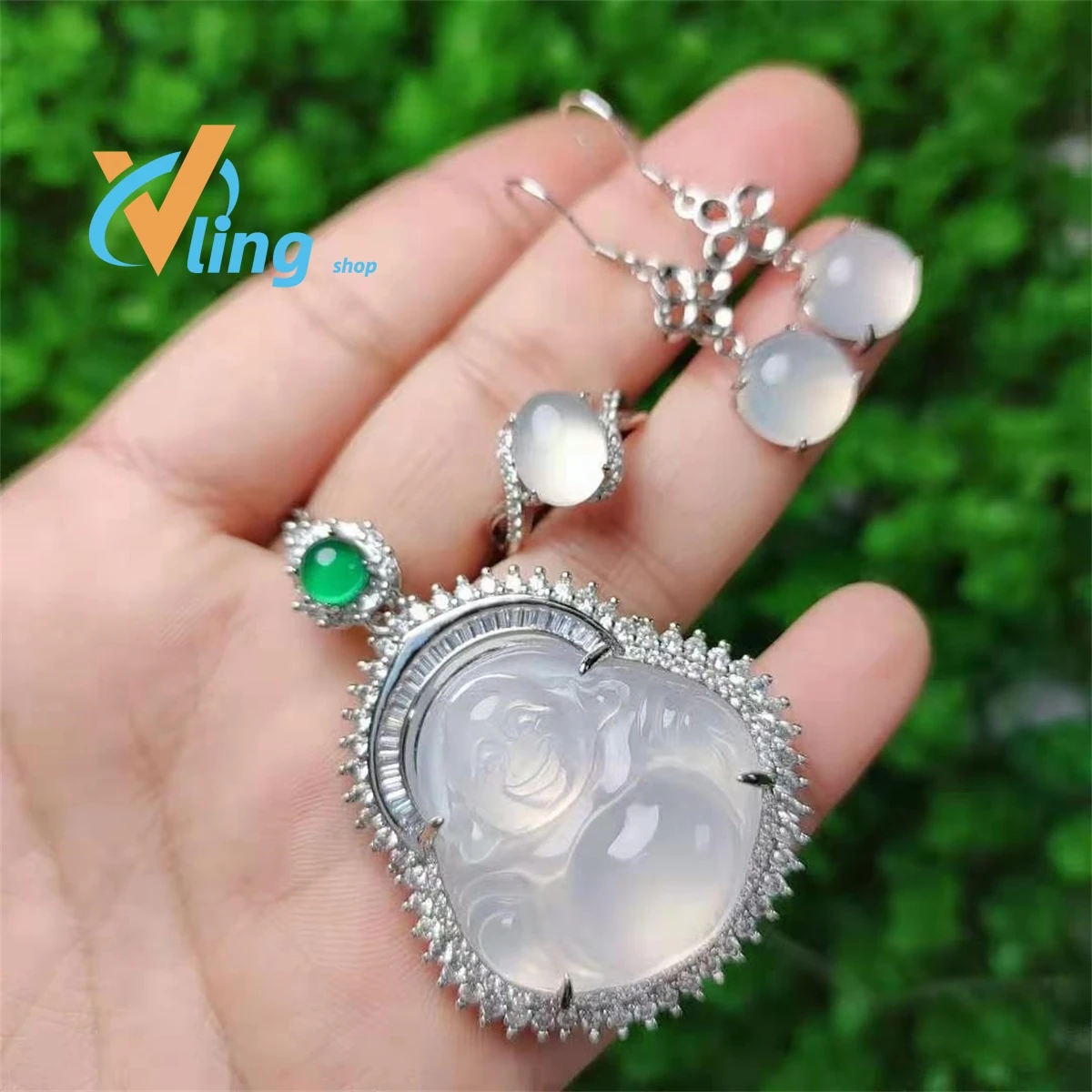 Fashion S925 Silver Inlaid High Ice White Jade Pith Buddha Pendant Ring Earrings Three Piece Set Gift Charm Retro Jewelry