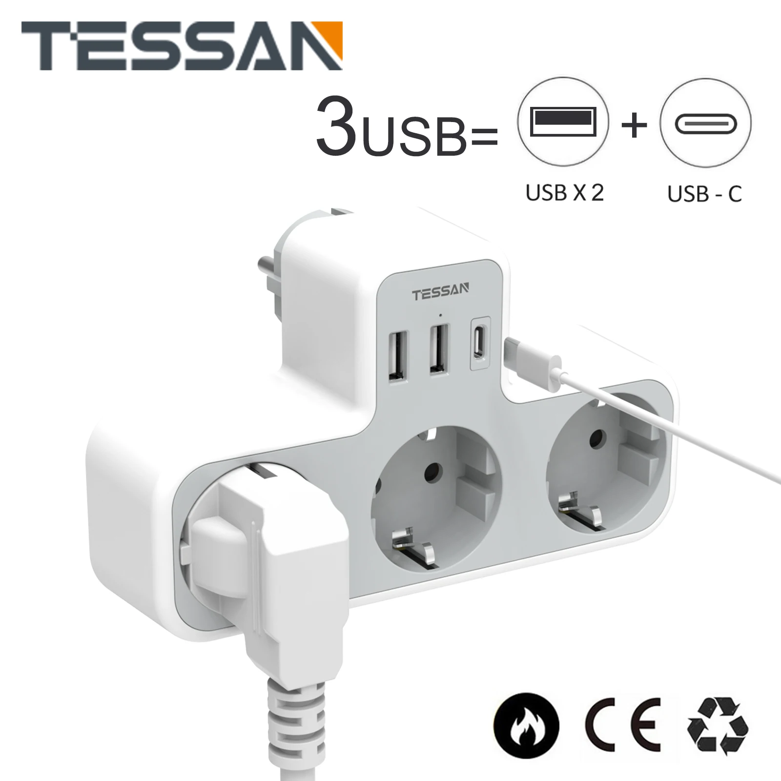 

TESSAN EU KR Plug Power Strip with AC Outlets and USB Charging Ports, Multiple Wall Socket Adapter Overload Protection for Home