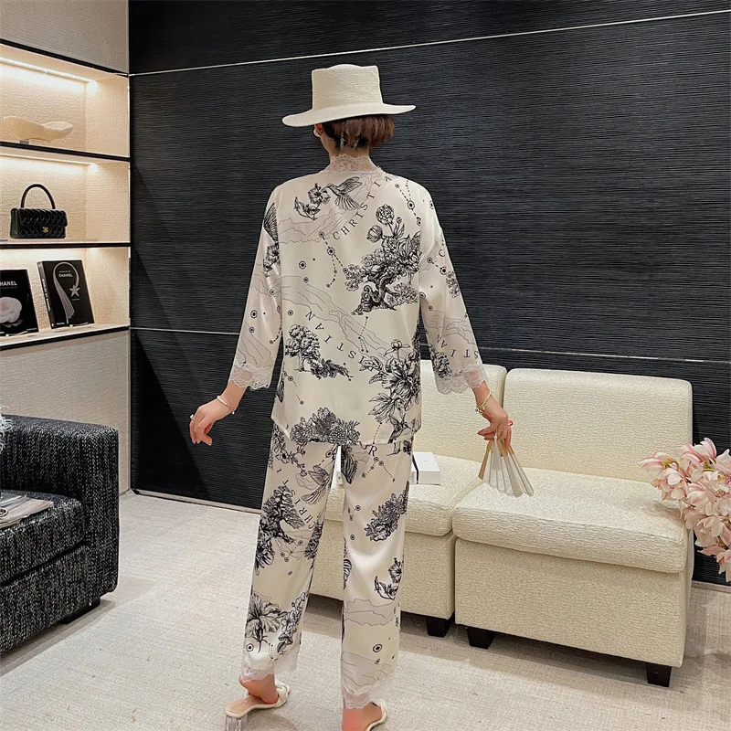 Ice silk pajamas, women's thin and sexy lace long sleeved cardigan set, new camellia home clothing