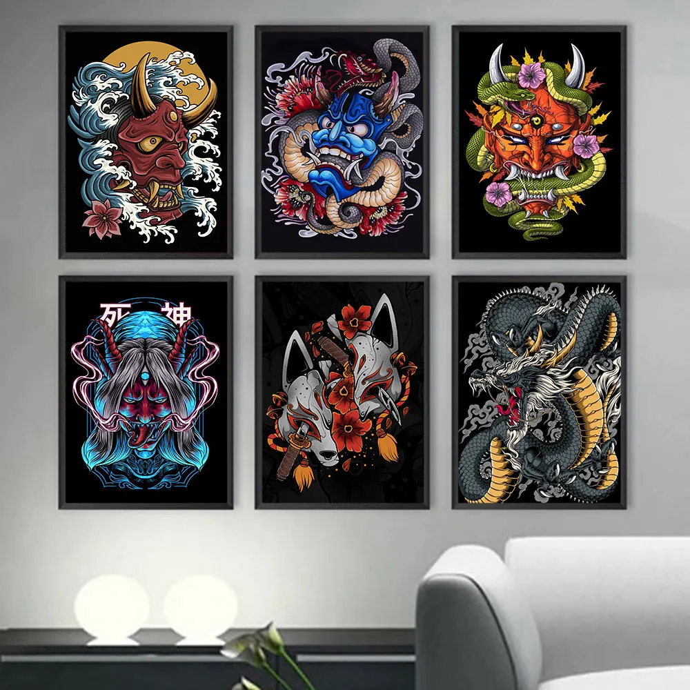 

Demon On Mask Abstract Japanese Anime Poster Prints Hannya Kitsune Canvas Painting Wall Art Picture For Living Room Home Decor