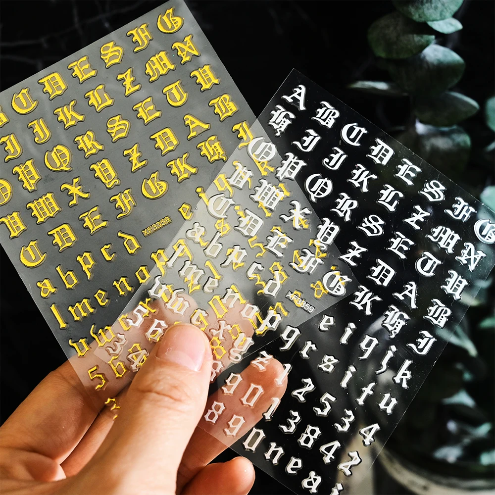 

1pcs Black Gold Retro Alphabet Letter Design 3d Nail Art Sticker English Old Font Slider Holographic English Word Bronzing Decal
