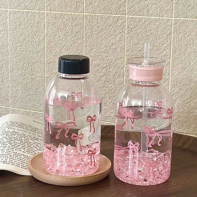 Cute Bowknot Plastic Cups With Straw Lid Portable Drinking Bottle Kawaii Water Bottle Aesthetic Tumbler For Ice Coffee Juice Tea 2
