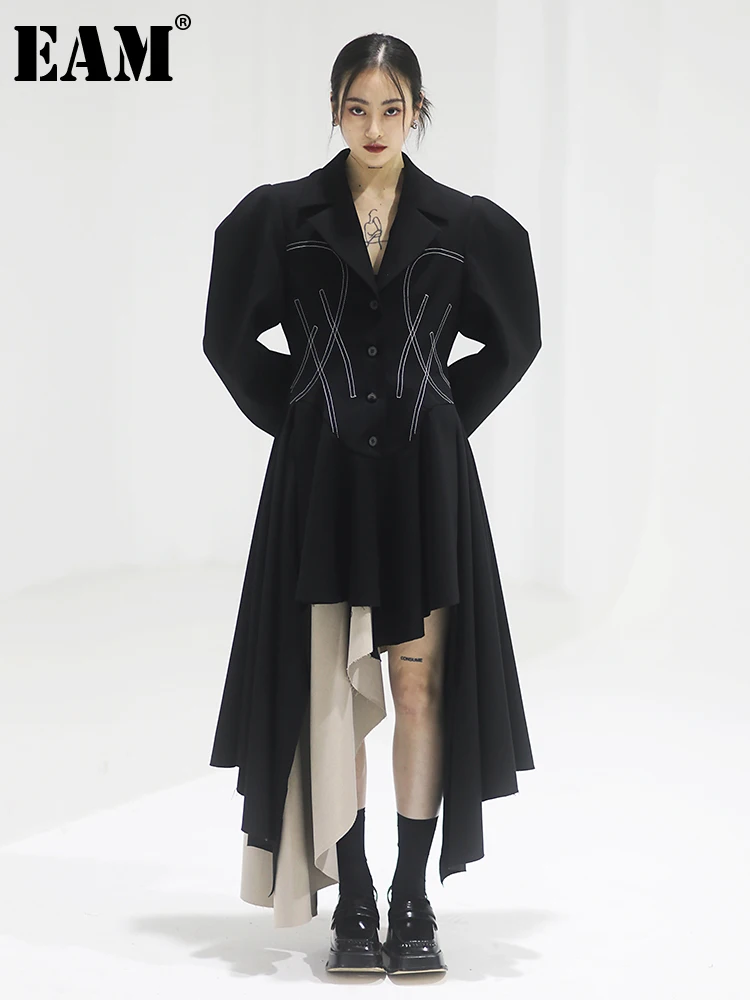 

[EAM] Women Black Irregular Topstitched Long Trench New Lapel Long Sleeve Loose Windbreaker Fashion Spring Autumn 2024 1DF3021