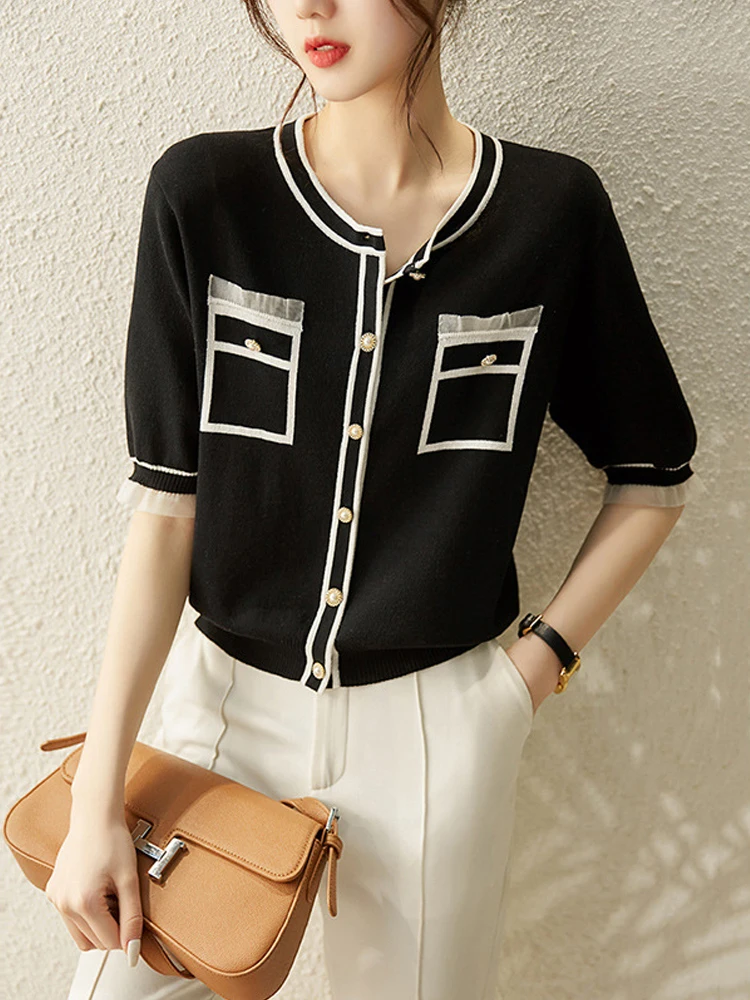 

Knitted Cardigan Women Short Sleeve Simple Fashion Relaxing Beautiful Round Neck Half Sleeves Color Contrast Soft Breathable