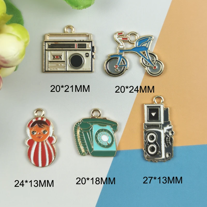 MuhNa 10pcs Tumbler Radio Telephone Metal Enamel Charms Pendant Earrings  DIY Bracelet Jewelry Making Accessories