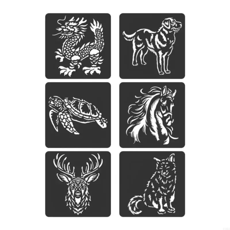 CORA 6 Pcs 동물원 테마 아트 템플릿 스텐실 동물 시리즈 스텐실 페인팅 스텐실