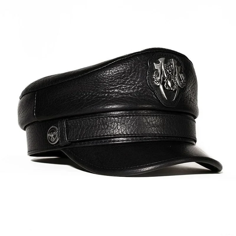 Genuine Leather Belt Military Hats Navy Hats Unisex Sheepskin European/American Streetwear Fitted Black Caps With Locomotiv Cap