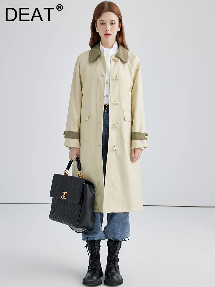 

DEAT Fashion Women Trench Coat Contrasting Colors Lapel Long Sleeves Belt Waist Horn Buttons Windbreaker Autumn 2023 New 7AB1424