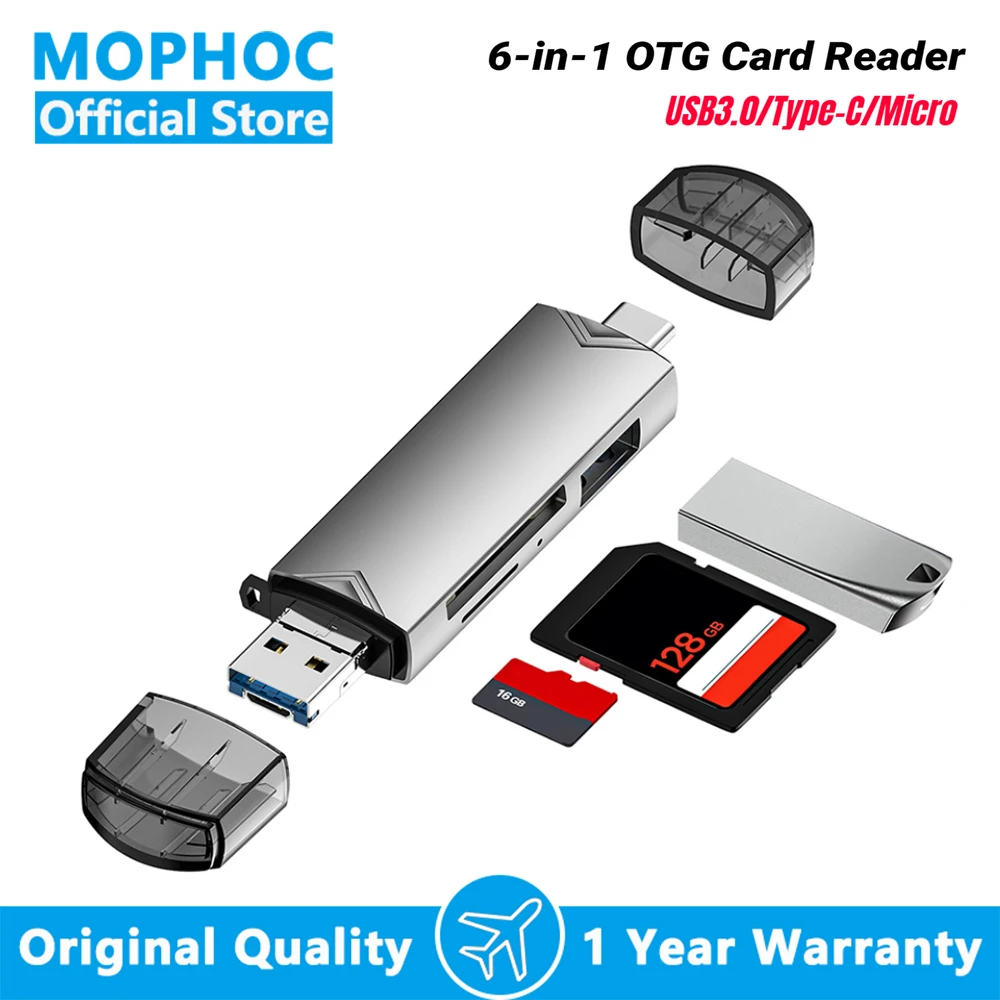 

MOPHOC 6-in-1 SD/TF Memory Card Reader Portable USB/Type-C/Micro OTG Adapter 5 Gbps Data Transmission Flash Drive