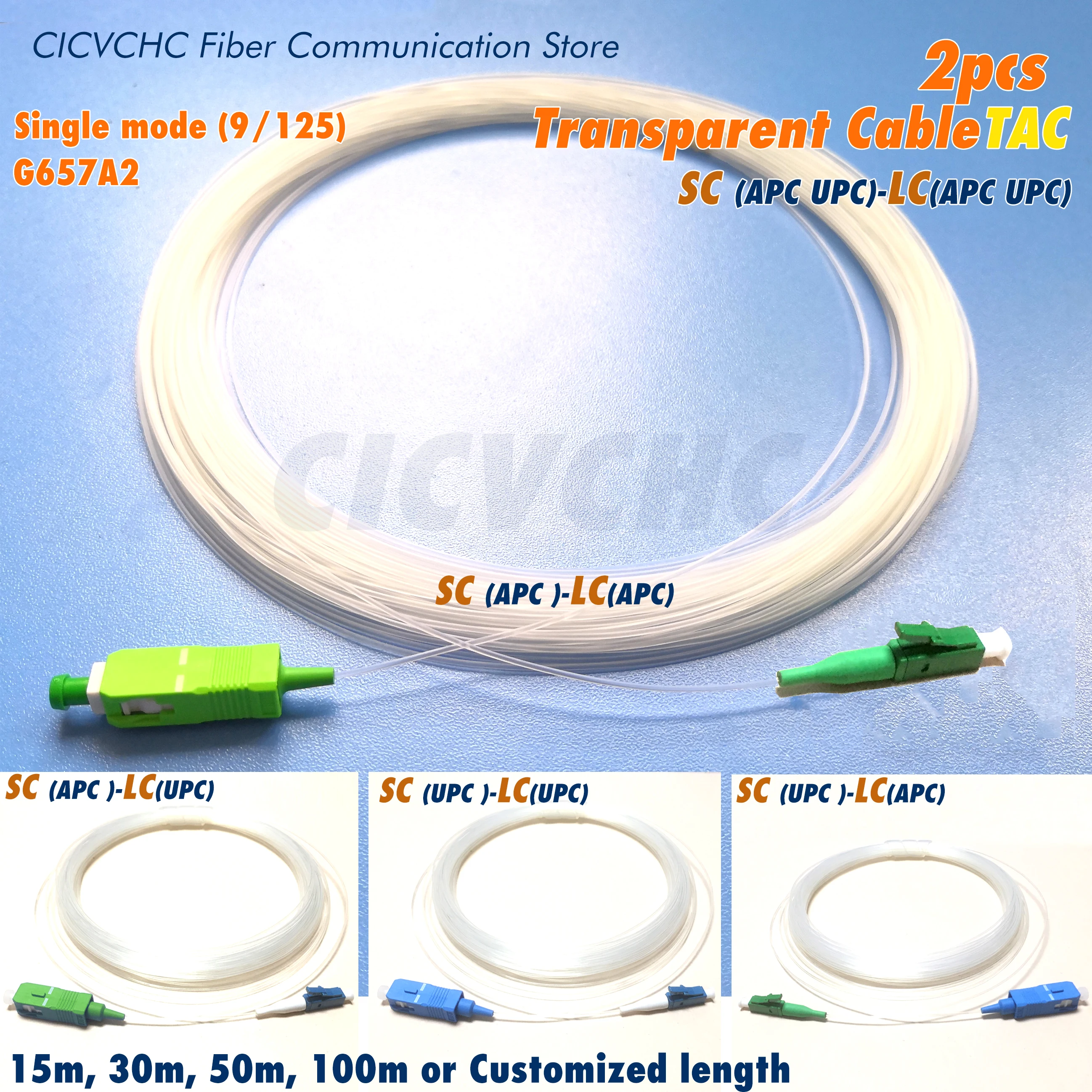 2pcs Transparent Cable (TAC)- SC-LC Jumper-SM(OS2)-G657A2-Bend Insensitive Fiber-APC UPC-Invisible optical cable