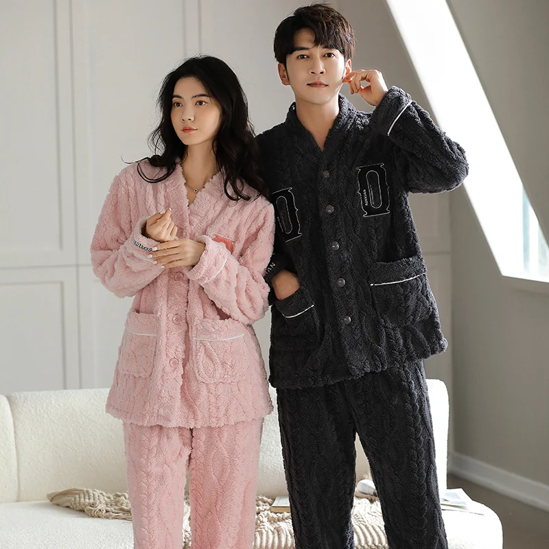 

New Winter Coral Fleece Pajama Famale Flannel Loungewear Girl Home Sleepwear Set Couple Youth Pijama