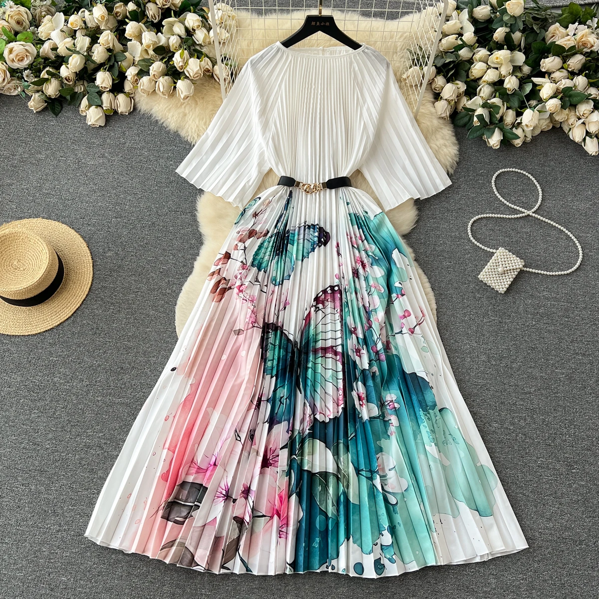 

Retro Print Pleated Elegant Lace Up Dress Short Sleeve Casual O Neck High Waist Dress Women Summer