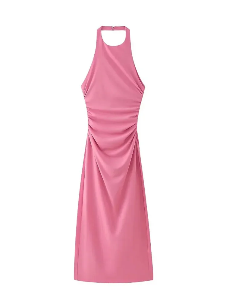 

HH TRAF женское элегантное платье с бретелькой через шею, подолом с рюшами, разрезом, сексуальное длинное платье без рукавов, женское модное платье на молнии с открытой спиной