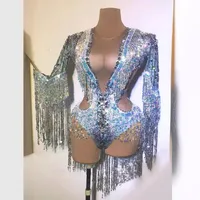 STOCK Shining Rhinestones Long Sleeve Tassel Stretch Bodysuits Women Nightclub DJ Clothing Stage Singer Performance Costume
