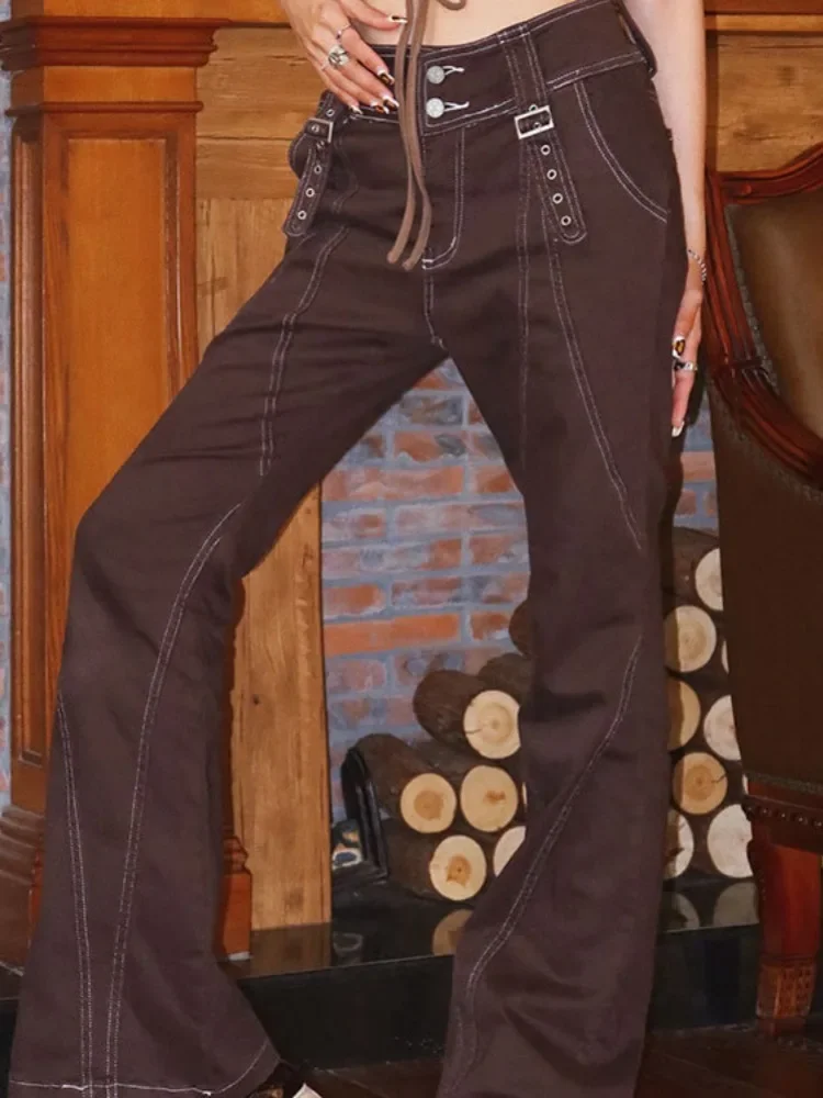 

Brown Vintage Flared Pants for Women Y2k Streetwear Splice Zipper Low Waist Wide Leg Jeans Korean Fashion Cargo Long Trousers