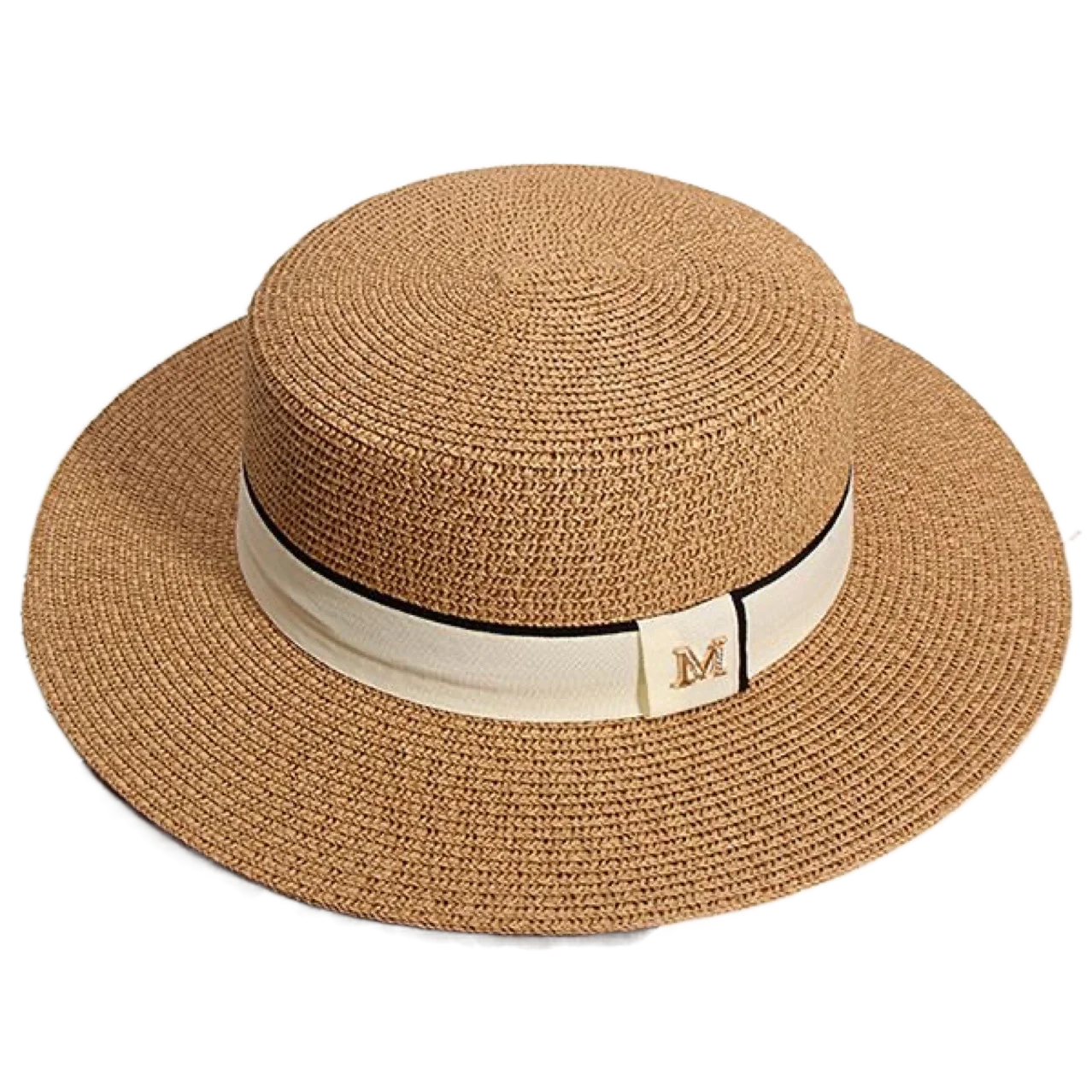 HatsforWomenStrawFlatTopSolidBeltBandStripedSunHatsCamel