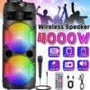 4000W Wireless Speaker with Dual 6.5" Subwoofers, RGB Party Lights, Microphone, Volume Control, USB Rechargeable, TWS & FM Radio