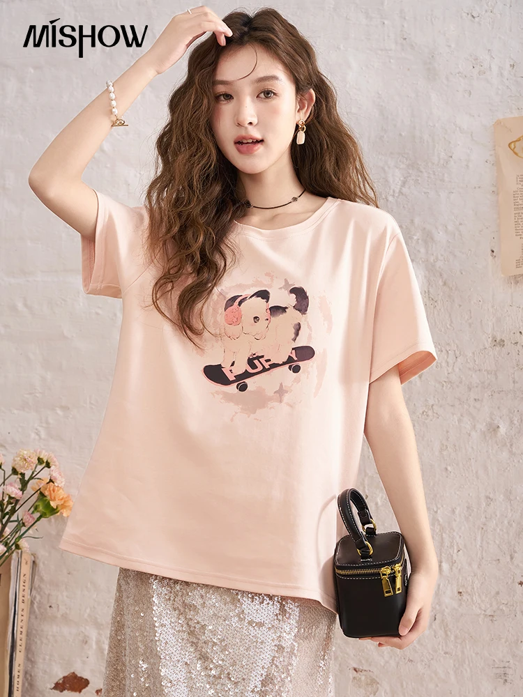 

MISHOW Cute Graphic T-shirt for Women 2024 Spring Summer Casual Tees Short Sleeve Crew Neck Loose Female Tshirt Tops MXD11T0165