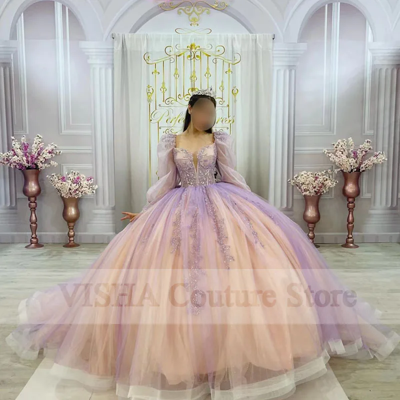 2023 Sweet 16 Lilac Quinceanera Dresses Off Shoulder Long Sleeve Beading Ball Gown Dress Prom Gowns Vestido De 15 Anos