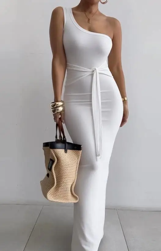 

Women Summer Tied Detail Skims Bodycon Dress 2023 Women's Fashion Clothing One Shoulder Elegant Party Skinny Maxi Dresses Female