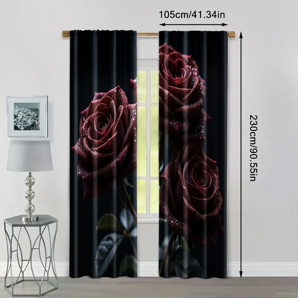 2pcs, Print Curtains 2D print Black and Golden Rose Durable 100% Polyester Fabric (without rod) Thermal Insulation, and Room 4