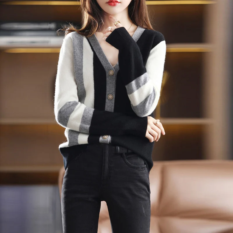 

Contrast Color Fashion Simple Ladies Knitted Cardigan Casual V Neck Long Sleeve Loose Street Sweater Women Jacket Coat Clothing