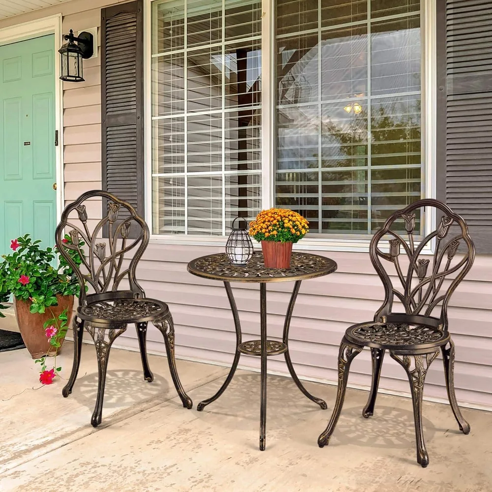 3-Piece Outdoor Patio Bistro Set with Rust-Resistant Cast Aluminum Table and Chairs in Bronze Finish