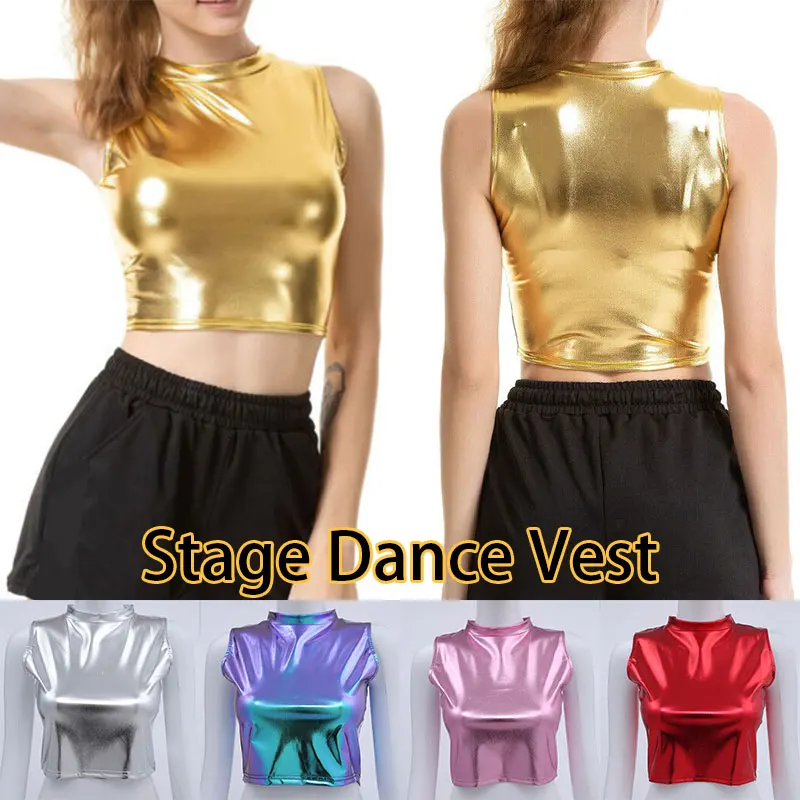 

Shiny Women Sexy Crop Tank Top Sleeveless Turtleneck Camis Summer Vest Gold Metallic Holographic Casual Fashion Clothing