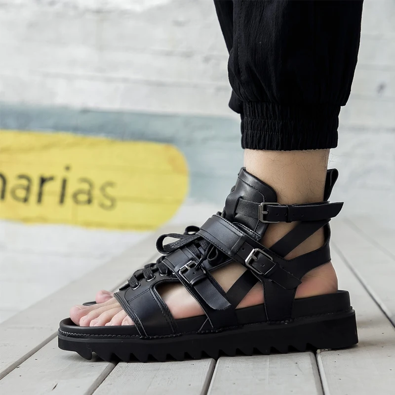 

European/American Trend High-top Buckle Men's Sandals Thick-soled Cowhide Roman Daily Men's Sandals British Beach Platform Shoes