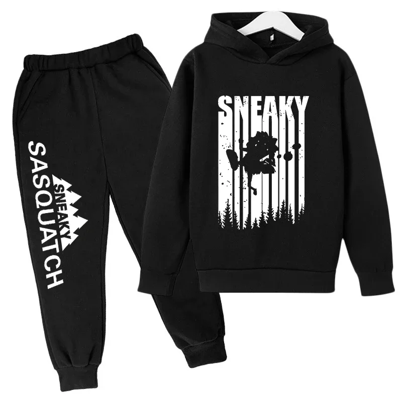 thumbnail image 1 of Conjunto de sudadera con capucha y pantalones de polar para niños, conjunto de 2 piezas, chándal, estampado de cabeza grande de Sasquatch furtivo, 1 of 5
