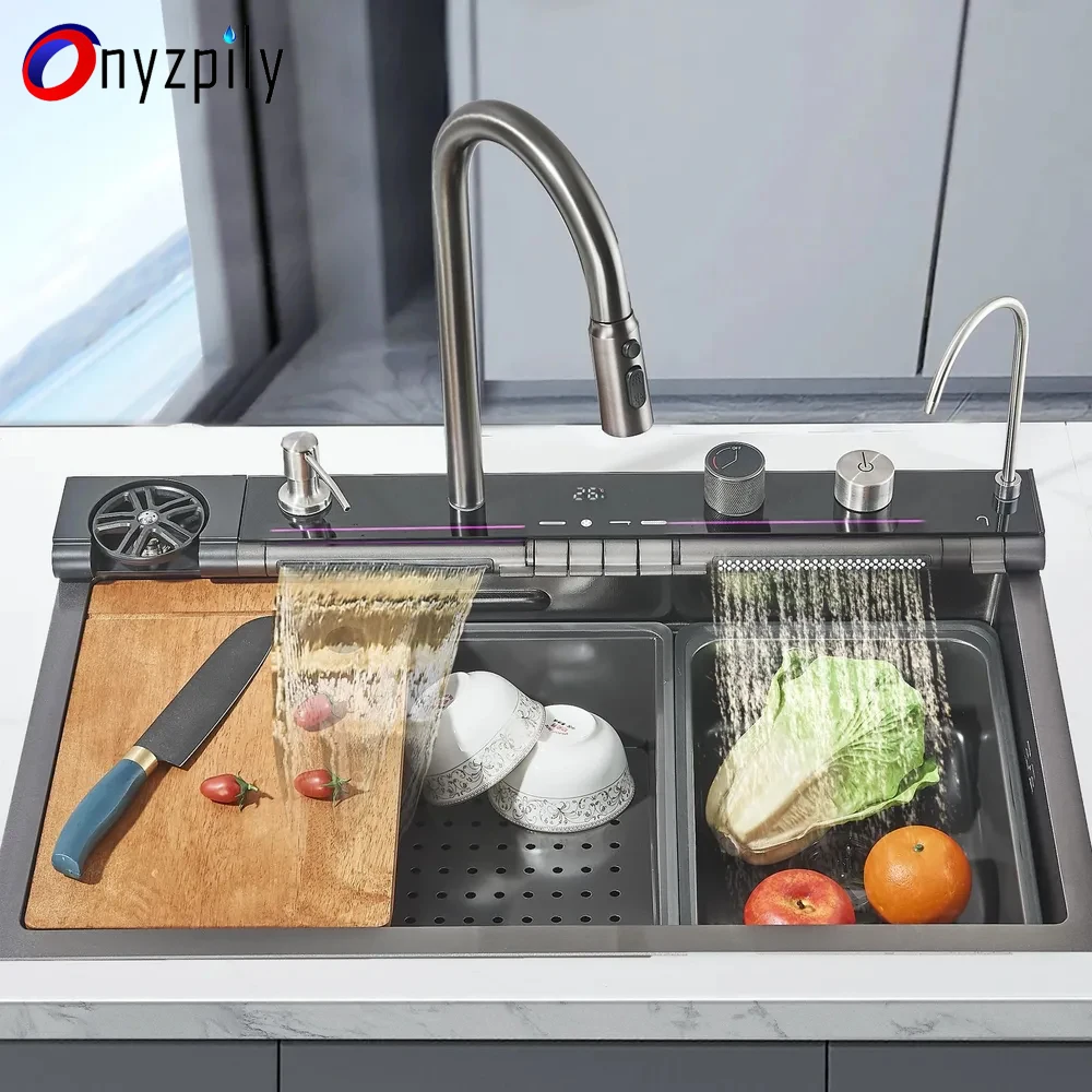 304 Stainless Steel Kitchen Waterfall Sink Digital Display Large Single Sink Dish Basin Multifunction Touch Waterfall kitchen accessories kitchen sink