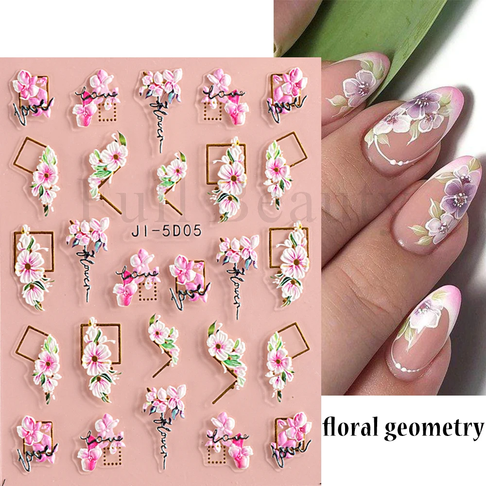 5D naklejki do paznokci kwiaty geometryczne linie Decor akrylowe tłoczone suwaki złote oprawki kalkomanie do paznokci kwiat wiśni Manicure GLJI-5D05