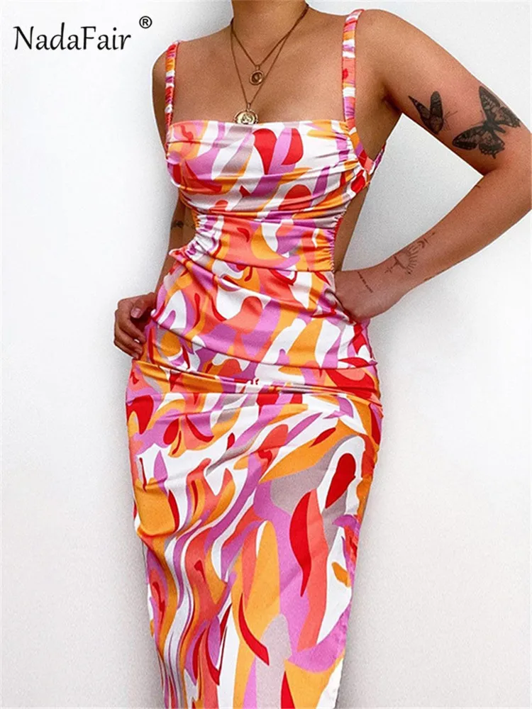 Nadafair Tie Dye Print Spaghetti Strap Summer Dress Women Sleeveless