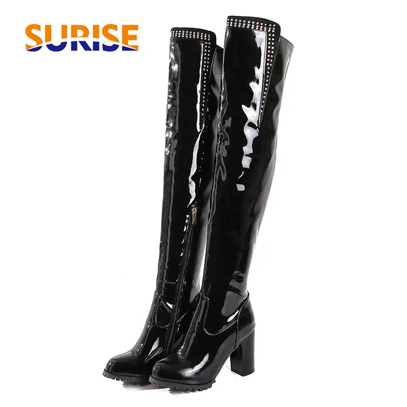 

Big Size Plush Winter Women Over Knee Boots Black Patent Leather Block Heel Sexy Club Party Lady Crystal Zipper Thigh High Boots