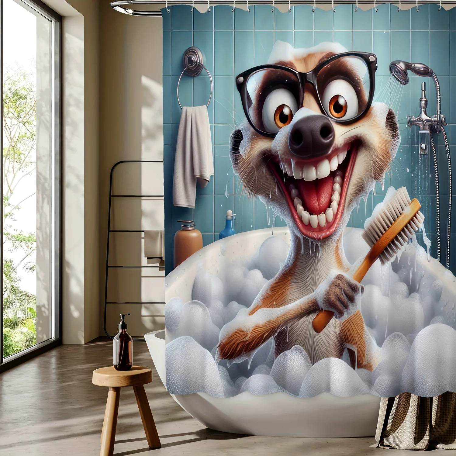 Cute Cartoon Ferret Bath Time Shower Curtain Waterproof Polyester, Machine Washable with Hooks Included, Perfect for All Seasons 2