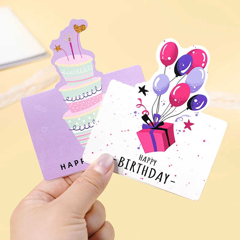 10 Birthday Cards, 3D Small Size Cartoon, Simple Folding, Handwritten Blessing Message, Birthday Card