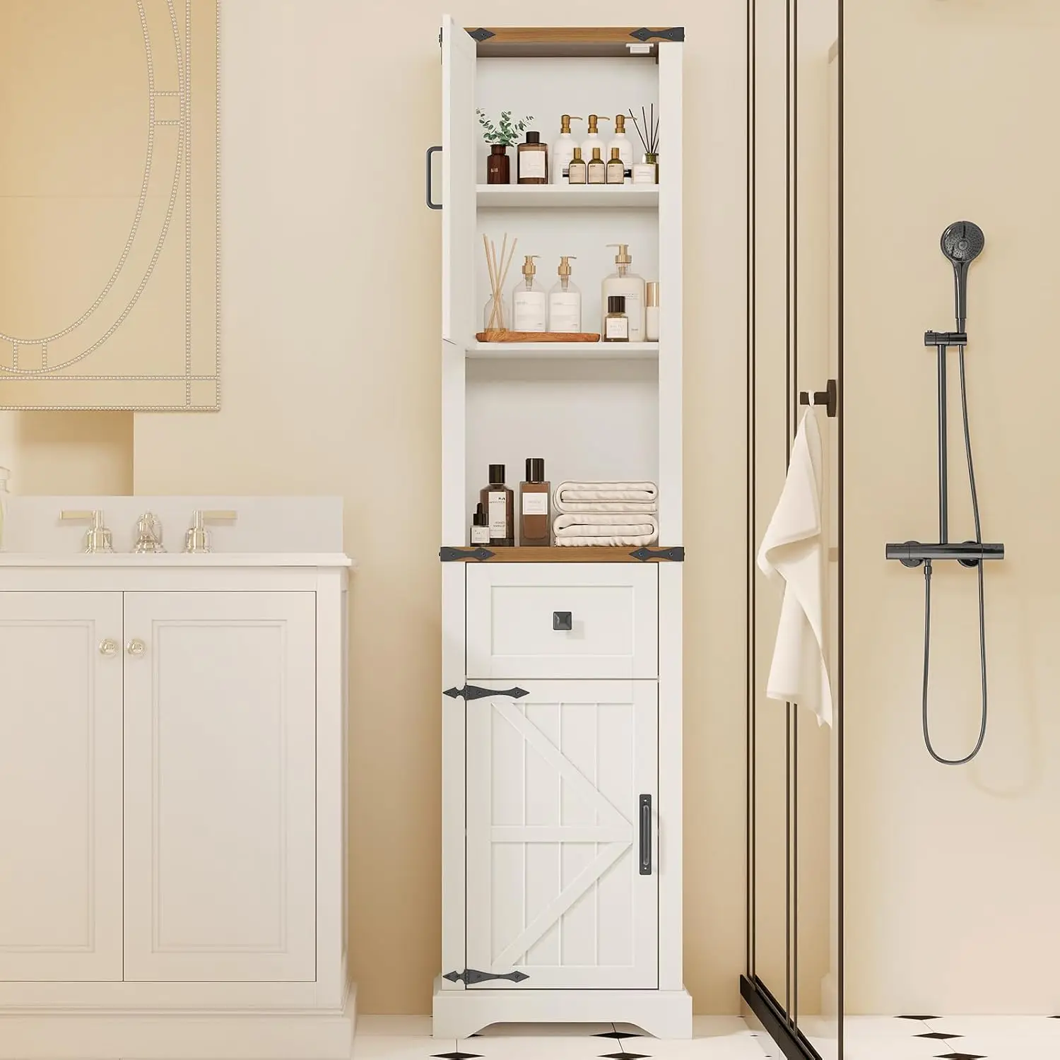66" Tall Farmhouse Bathroom Storage Cabinet with Barn Doors and Drawer, Narrow Storage Unit, Adjustable Shelves & 5-Tier Space,