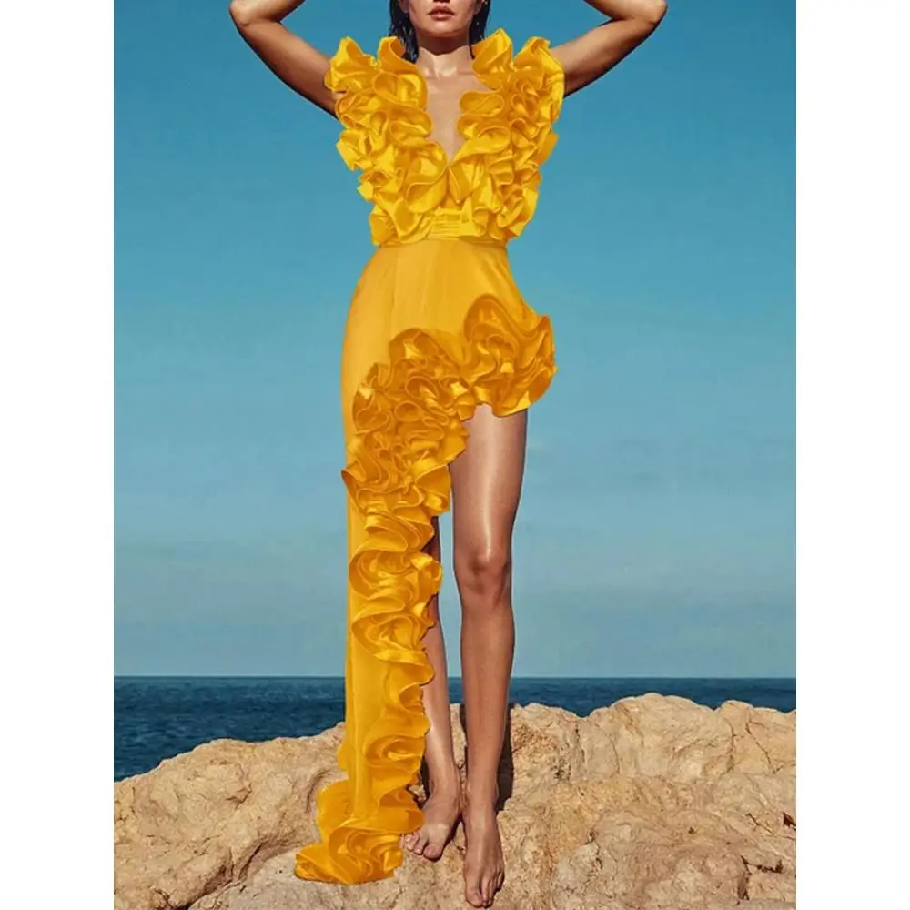 Women Pleated Bikini Frilled V Neck One Piece Swimsuit Asymmetric Design Beach Skirt Advanced Elegance Party Yellow Swimwear