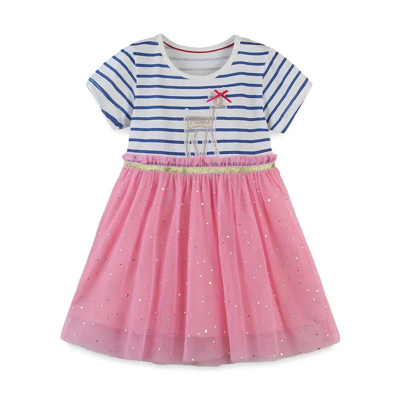 

Jumping Meters Princess Girls Mesh Tutu Dresses Fashion Stripe Animals Baby Clothes Short Sleeve Summer Children's Frocks