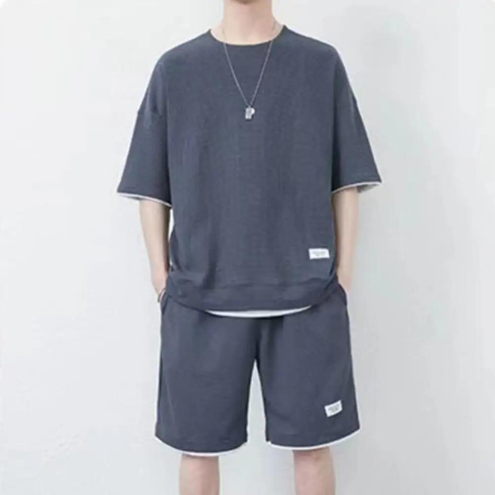 

2 Pcs/Set Men Tracksuit Set Short Sleeves Pockets Summer Top Shorts Suit