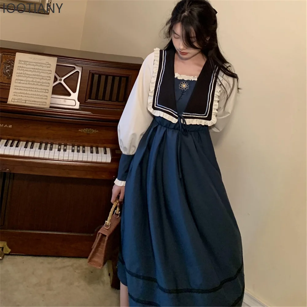 Francese Retro Corte Stile Navy Temperamento Elegante Carino Lolita Abito a maniche lunghe Ragazza Tea Party Abito da principessa vittoriano con volant - immagine 2