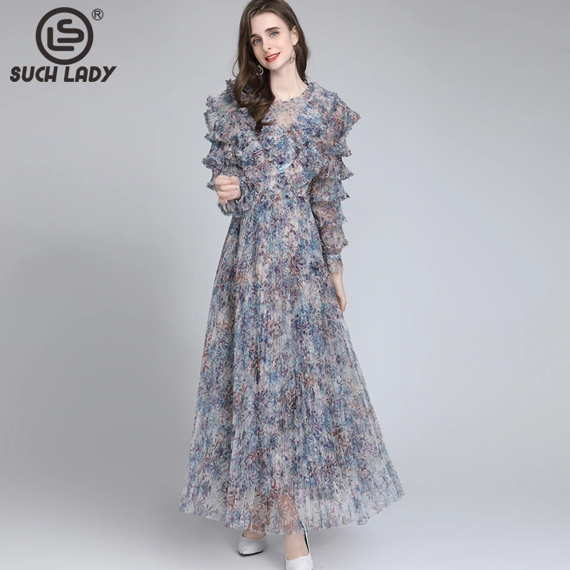 

Women's Runway Dress O Neck Long Sleeves Ruffles Pleated Printed Fashion Designer Party Prom