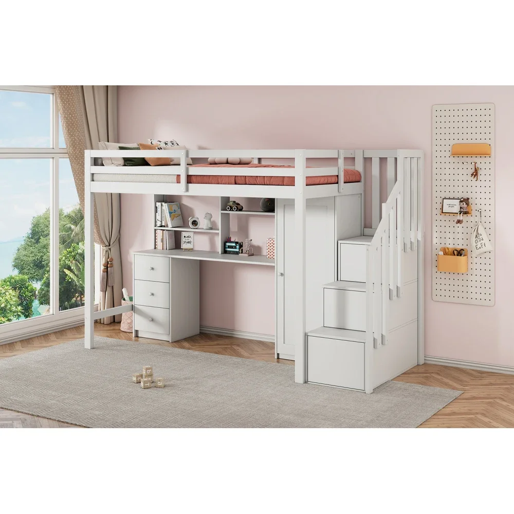 90 * 200 cm weißes Kinder-Etagenbett mit Schreibtisch und Kleiderschrank, Treppe, multifunktionales Kinder-Etagenbett, ausgestattet mit Schubladen und Kleiderschrank – Detail 9
