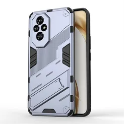 Shockproof TPU Protective Bumper Armor Phone Case with PC Stand Holder for Honor 200 (Gray)